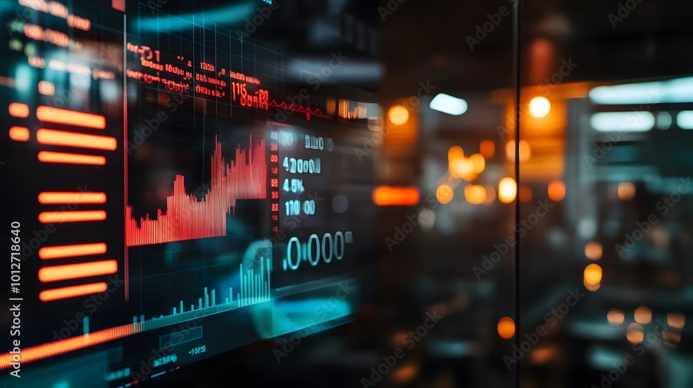 Close-up of digital screen showing labor market graph with job openings and employment rates, office setting with copy space for text overlay Close-up of digital screen showing labor market graph with job openings and employment rates, office setting with copy space for text overlay