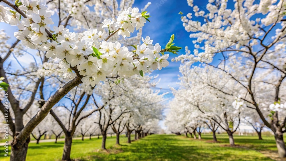 Forced perspective view of a cluster of white flower trees in early spring Forced perspective view of a cluster of white flower trees in early spring