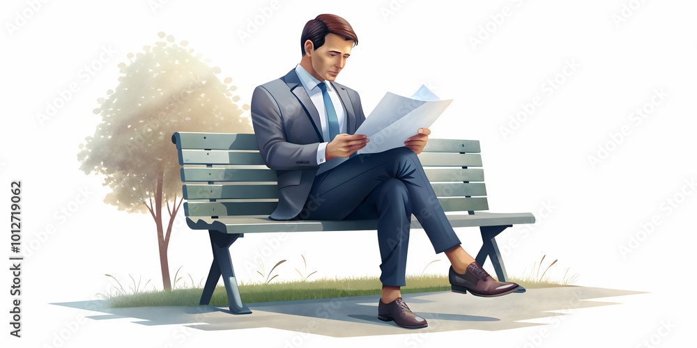 Businessman Reviewing Contract Documents on a Park Bench: A Candid Photo Capturing Professional Focus Amidst Nature in a Stock Photo Concept Businessman Reviewing Contract Documents on a Park Bench: A Candid Photo Capturing Professional Focus Amidst Nature in a Stock Photo Concept