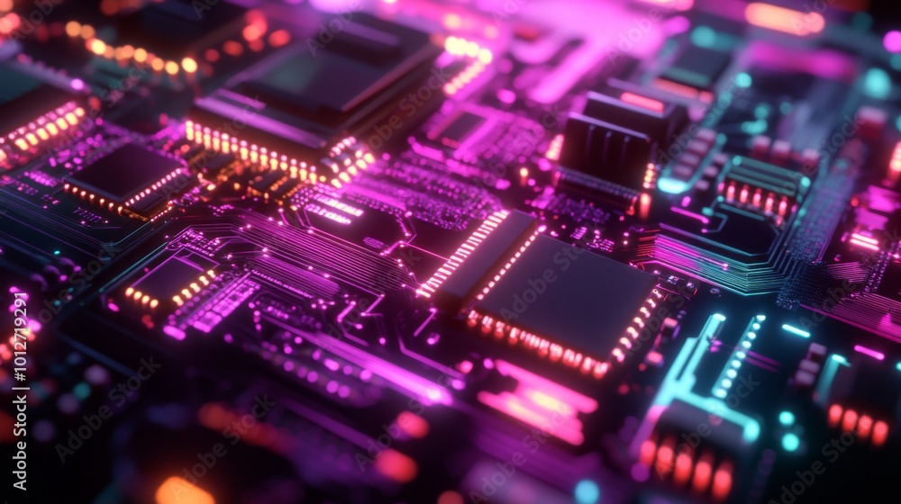 Fototapeta premium Close-up of a circuit board with glowing neon lights.