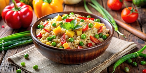 Wholesome bulgur porridge cooked with vibrant vegetables like peppers, peas, and corn, creating a nutritious and tasty meal ideal for healthy eating.