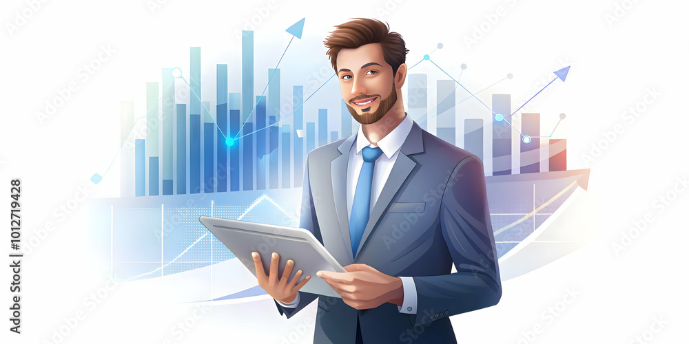 A confident businessperson holding a tablet with financial charts against a glossy white backdrop captured with a slight tilt to emphasize focus and determination. concept as Portrays leadership and f A confident businessperson holding a tablet with financial charts against a glossy white backdrop captured with a slight tilt to emphasize focus and determination. concept as Portrays leadership and f