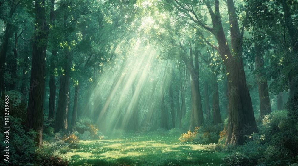 Fototapeta premium Sunbeams Through Forest Canopy