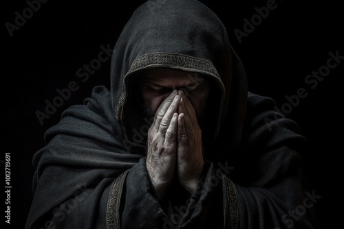 Monk in hood praying in darkness photo