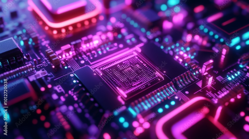 Close-up of a glowing circuit board with a central processor. Close-up of a glowing circuit board with a central processor.