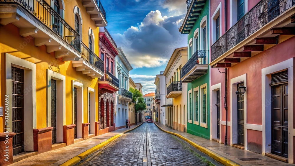 Fototapeta premium Forced perspective view of historic street in Old San Juan, San Sebastian, Puerto Rico