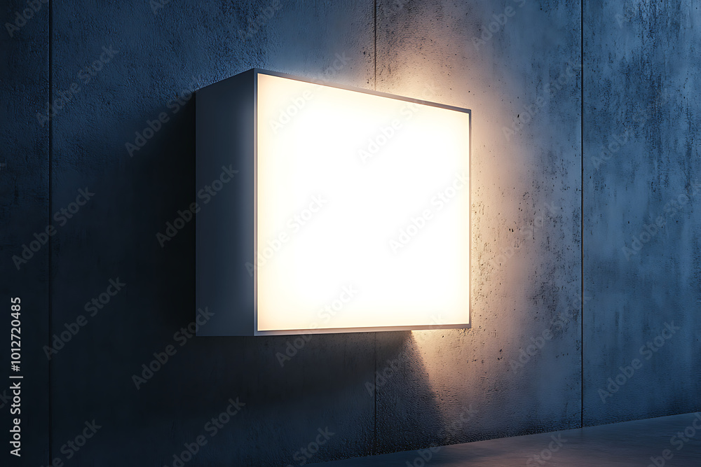 Luminous square sign mockup casting a bright light on a concrete wall at night. 3D Rendering Luminous square sign mockup casting a bright light on a concrete wall at night. 3D Rendering