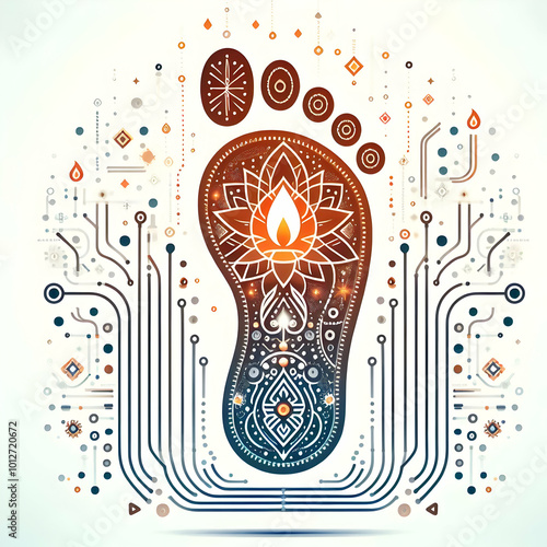 Flat Abstract Vector of Diwali Lakshmi Footprints with Glowing Accents on White Background - Clean Minimalist Design Emphasizing Blessings and Prosperity photo