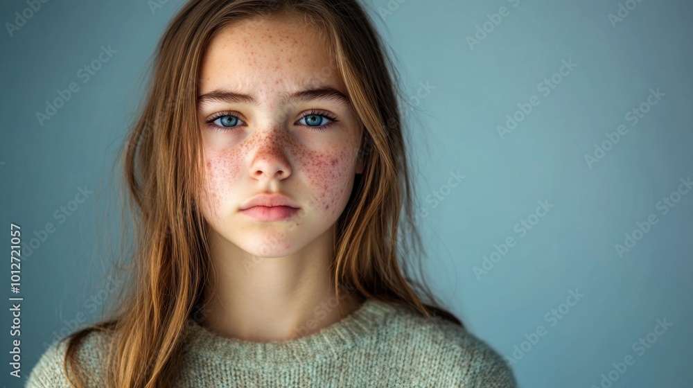 Serious teenage girl with visible acne on her cheeks, closeup shot with neutral expression, isolated against a plain background Serious teenage girl with visible acne on her cheeks, closeup shot with neutral expression, isolated against a plain background