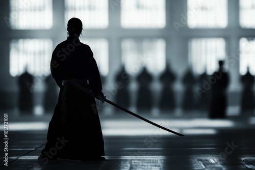Monochrome martial arts scene with blurred silhouettes practicing sword fighting