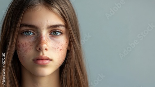 Serious teenage girl with visible acne on her cheeks, closeup shot with neutral expression, isolated against a plain background