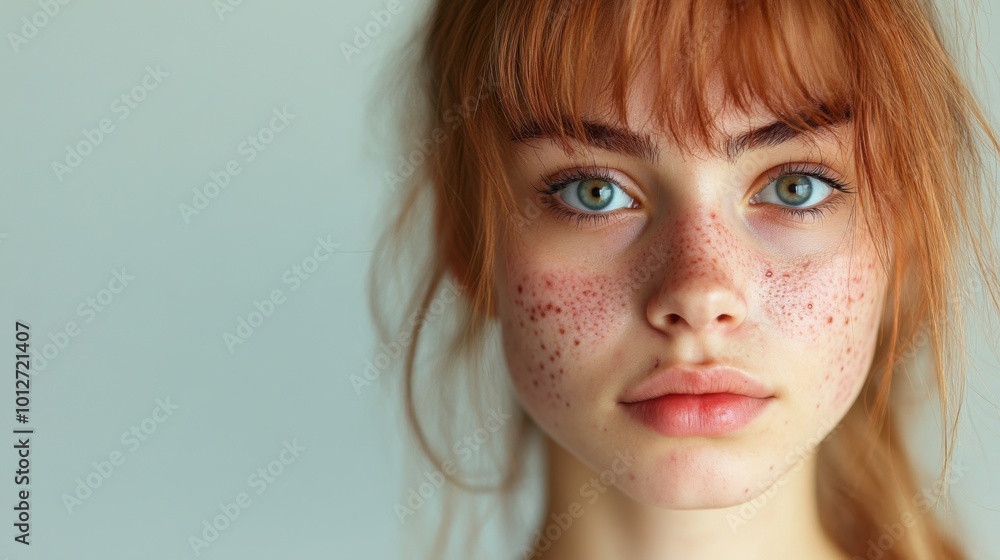 Serious teenage girl with visible acne on her cheeks, closeup shot with neutral expression, isolated against a plain background Serious teenage girl with visible acne on her cheeks, closeup shot with neutral expression, isolated against a plain background