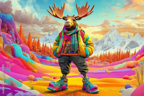 A funky moose in a colorful outfit, featuring bright scarves, funky shoes, and an oversized jacket, standing in a vibrant, funky landscape.