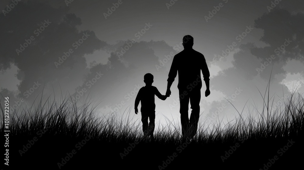 Silhouette of a father and son walking hand in hand, representing an unbreakable relationship. Silhouette of a father and son walking hand in hand, representing an unbreakable relationship.
