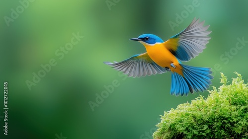 Colorful Bird in Flight  Taking Off  Spread Wings  Green Background photo