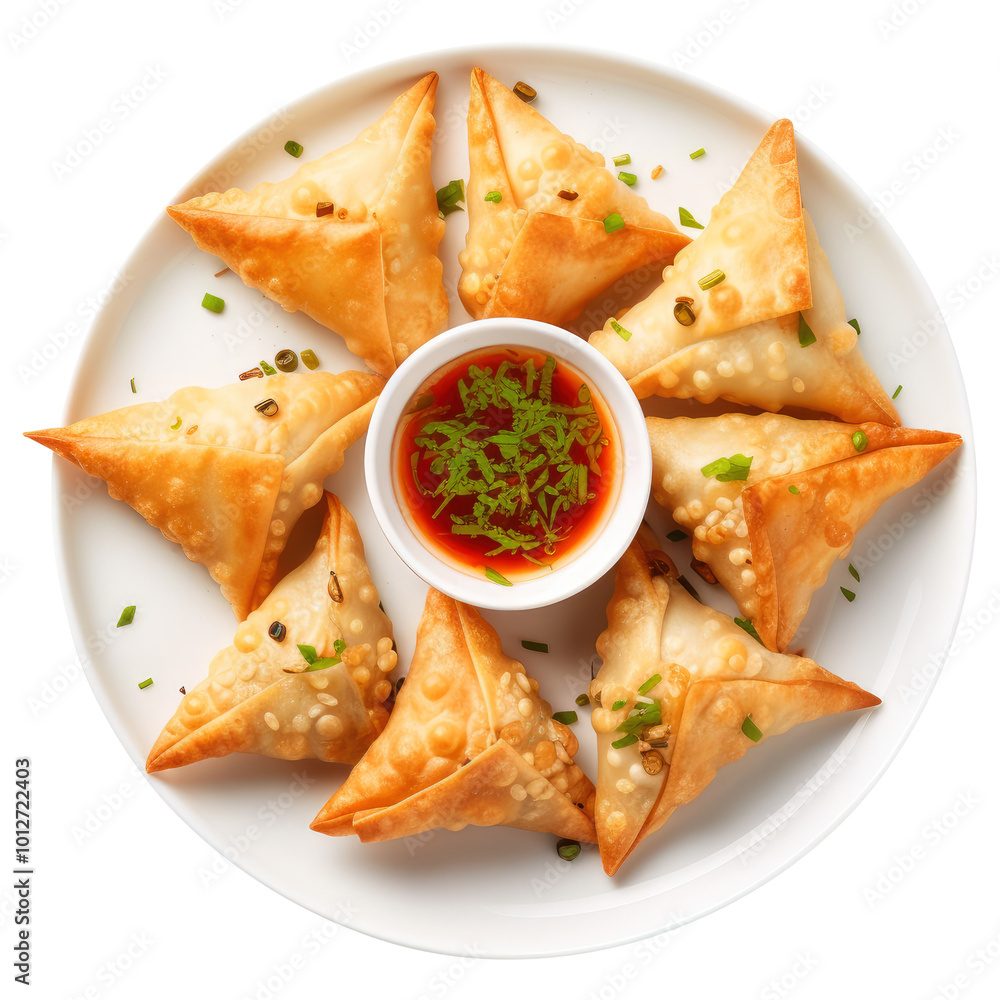 plate of vegetarian samosas top view, isolated on transparent white background, clipping path plate of vegetarian samosas top view, isolated on transparent white background, clipping path