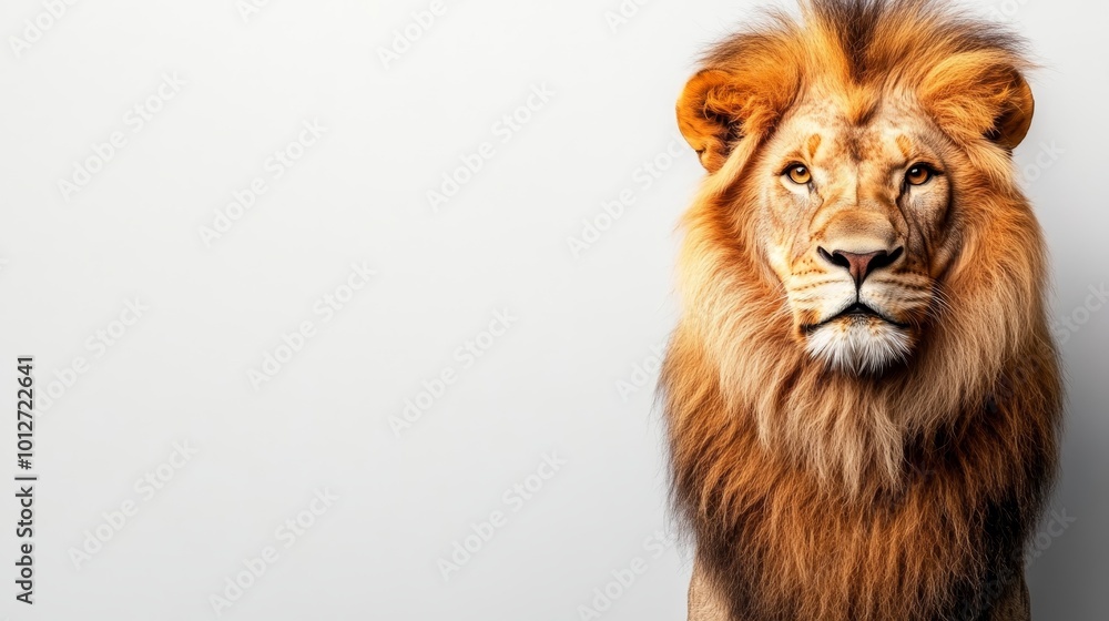 Fototapeta premium A captivating portrait of a majestic lion, showcasing its strength, power, and regal beauty. The lion's piercing gaze, thick mane, and confident posture radiate authority and grace. This image embodi