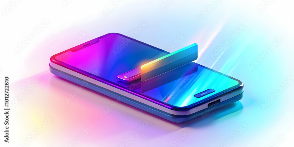 High-Resolution Holographic Smartphone Emitting Glowing Credit Card on Glossy Background with Ample Copy Space for Branding and Text High-Resolution Holographic Smartphone Emitting Glowing Credit Card on Glossy Background with Ample Copy Space for Branding and Text