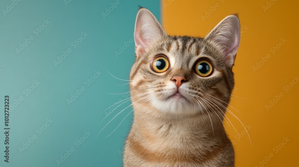 A close-up shot of a tabby cat with wide, surprised eyes, looking up towards the viewer with a curious expression. The cat's fur is soft and fluffy, and its eyes are bright and alert. The cat is set a A close-up shot of a tabby cat with wide, surprised eyes, looking up towards the viewer with a curious expression. The cat's fur is soft and fluffy, and its eyes are bright and alert. The cat is set a