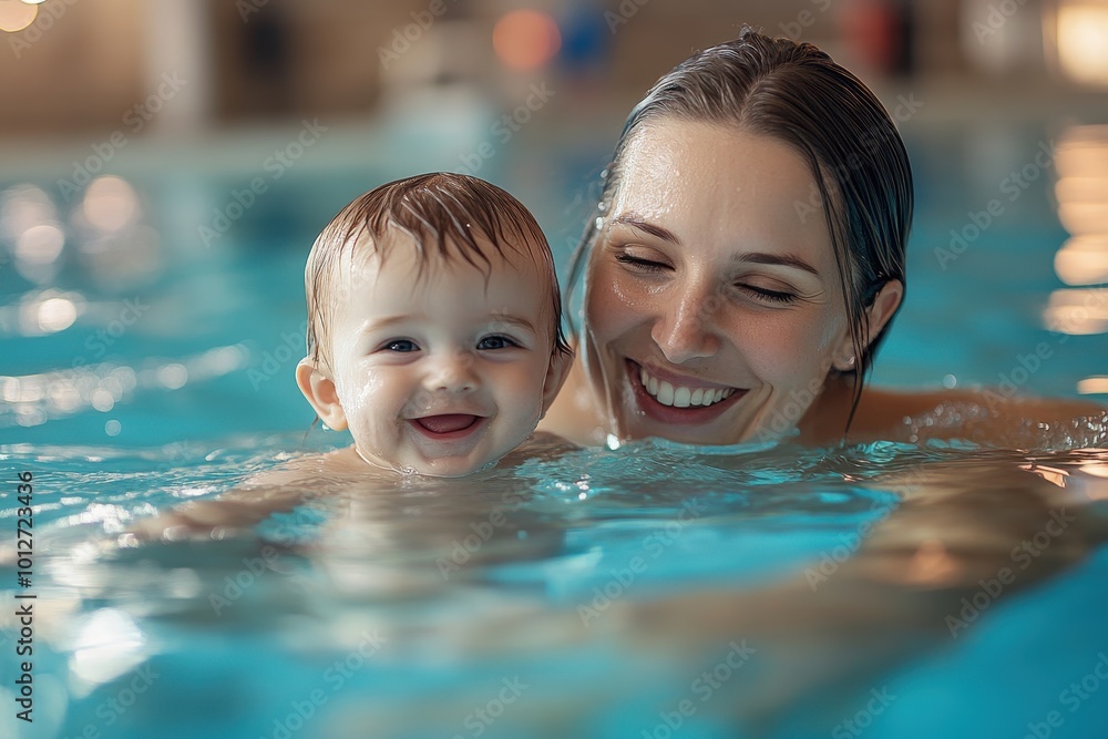 Mother and baby swimming together joyfully in the pool Mother and baby swimming together joyfully in the pool