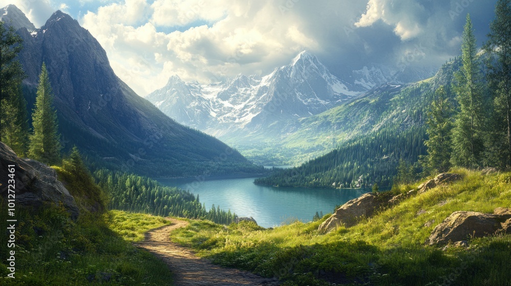 Fototapeta premium Serene Mountain Lake and Trail