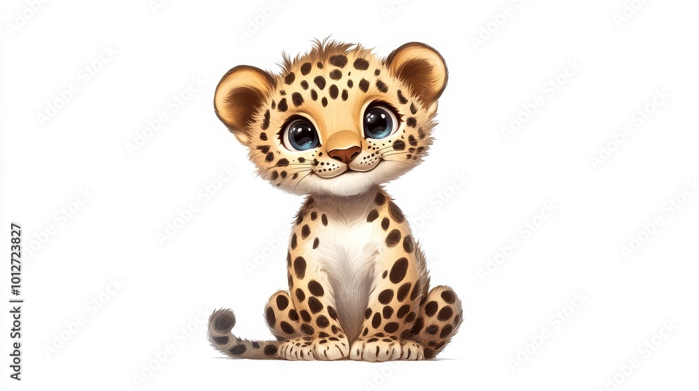 A cute cartoon leopard cub with big, expressive eyes sits on a white background, embodying innocence, playfulness, and the beauty of nature. A cute cartoon leopard cub with big, expressive eyes sits on a white background, embodying innocence, playfulness, and the beauty of nature.