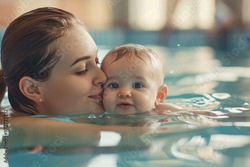 Mother teaches baby swimming in the pool for a healthy family