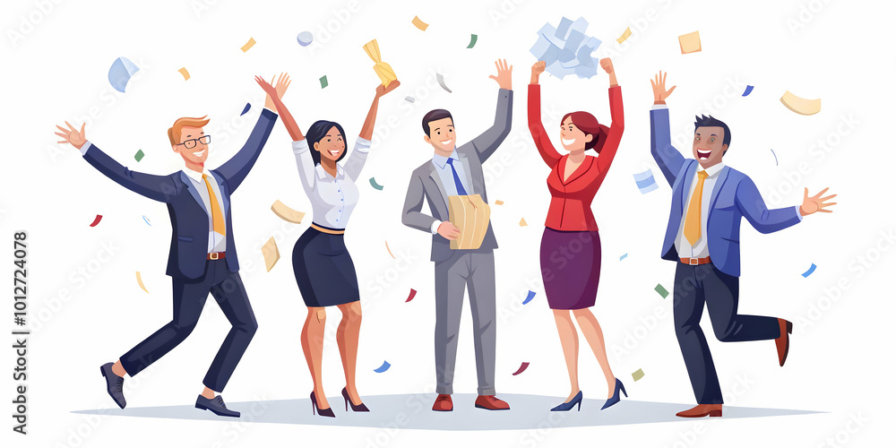 Business team celebrating hitting sales targets with currency confetti concept as A candid image of a business team joyfully celebrating reaching their sales goals tossing currency shaped confetti in Business team celebrating hitting sales targets with currency confetti concept as A candid image of a business team joyfully celebrating reaching their sales goals tossing currency shaped confetti in