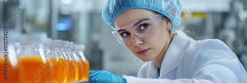 A female worker wearing a lab coat, safety glasses, and a hairnet inspects a row of bottled fruit juice in a beverage factory, ensuring quality control and product safety.