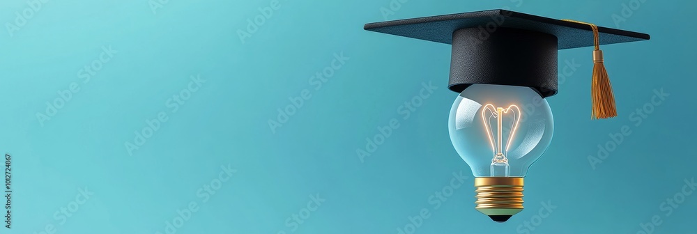 Obraz premium A graduation cap sits atop a light bulb, symbolizing the connection between education, innovation, and achieving goals. This image represents knowledge, inspiration, and the bright future that comes w