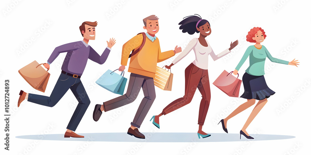 Flat Vector Illustration of Friends on a Spontaneous Shopping Spree: Capturing Excitement and Impulsive Buying Behavior in a Bustling District Flat Vector Illustration of Friends on a Spontaneous Shopping Spree: Capturing Excitement and Impulsive Buying Behavior in a Bustling District