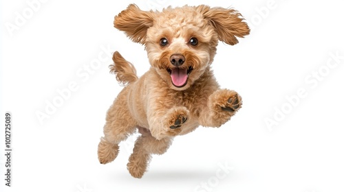 A joyful brown poodle dog with a fluffy coat is mid-jump, showcasing its happiness and playful nature. The dog has its tongue out, ears perked up, and paws extended, capturing a moment of pure canine 