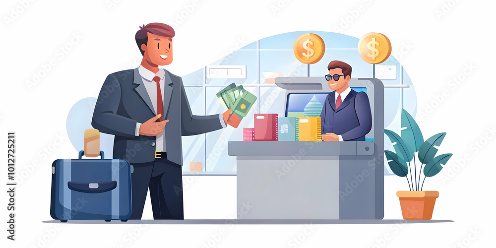 Businessman paying with foreign currency at an international airport concept as A candid photo capturing a businessman making a purchase using foreign currency at a duty free shop in an airport; the g Businessman paying with foreign currency at an international airport concept as A candid photo capturing a businessman making a purchase using foreign currency at a duty free shop in an airport; the g
