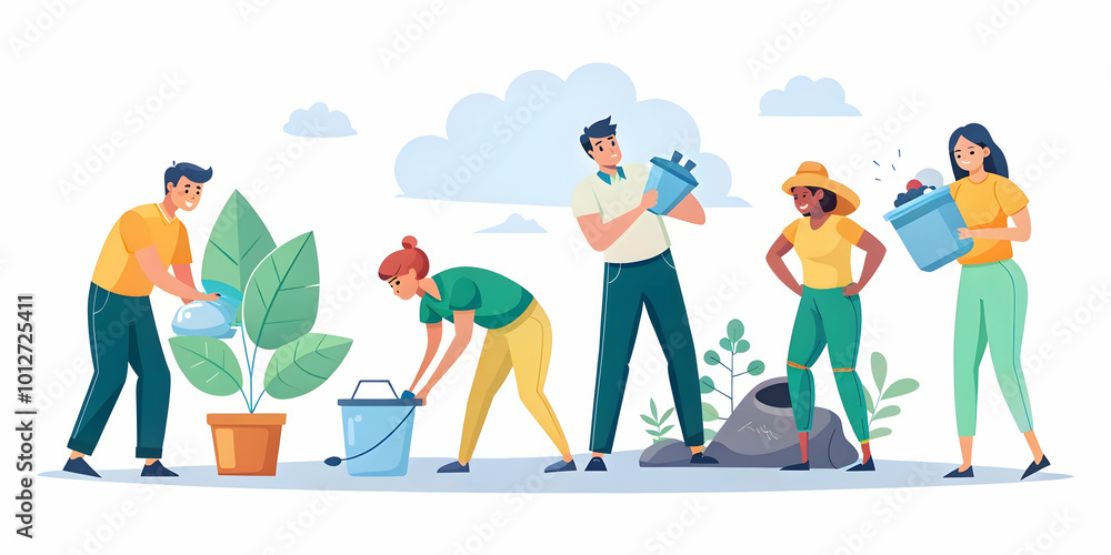 Fototapeta premium Flat Candid Community Service Project Concept: Genuine Teamwork in Environmental Growth Captured in Simple Vector Illustration on White Background