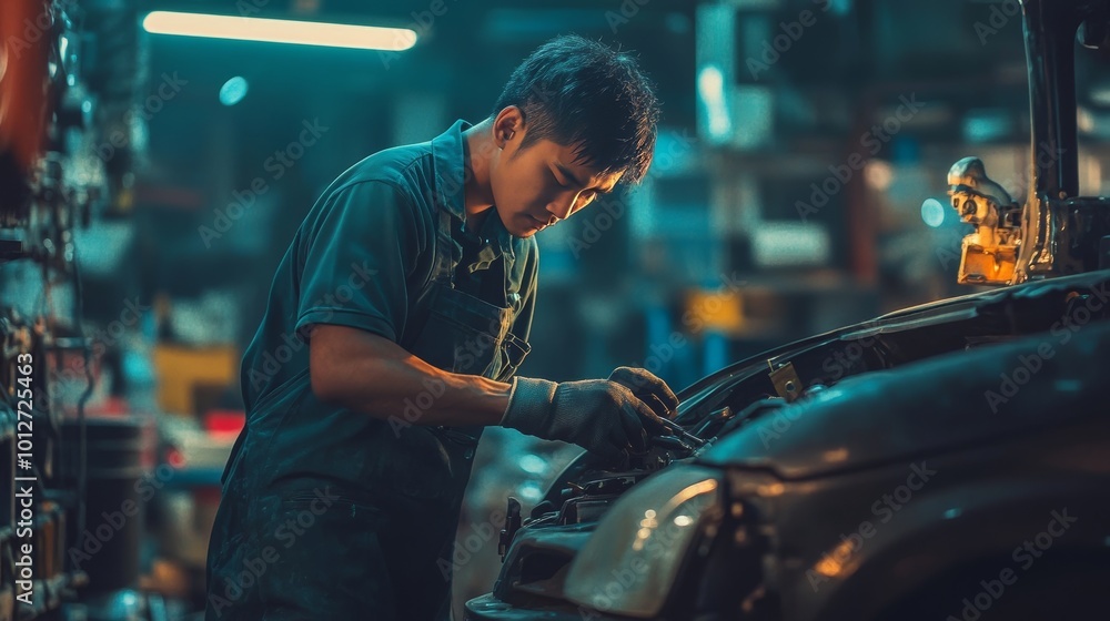 Mechanic fixes car in Asia Mechanic fixes car in Asia