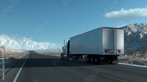 A large semi-truck with a cargo trailer drives down a scenic highway, surrounded by snow-capped mountains. The truck symbolizes transportation, logistics, shipping, and the open road.