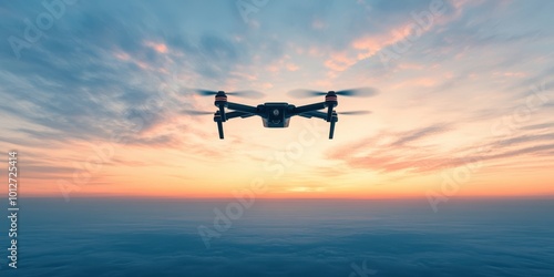 Drone Flying Above Clouds at Sunset