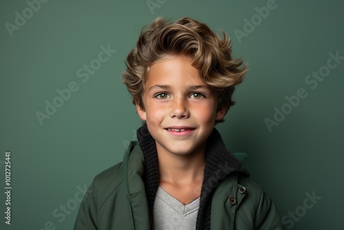 Portrait of a cute little boy with blond curly hair and a green jacket.