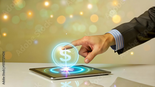 Close Up of Businessman's Hand Tapping Glowing Currency Symbol on Holographic Device - Macro Shot Highlighting Advanced Financial Technology with Bokeh Background and Copy Space