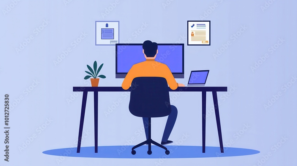 A person sits at a modern desk in an office setting, using a computer with documents and a plant nearby. A person sits at a modern desk in an office setting, using a computer with documents and a plant nearby.
