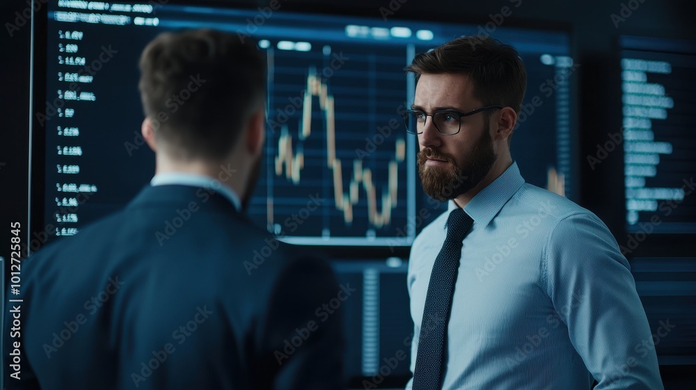 Two professionals discuss financial data in a modern trading room, surrounded by screens displaying market trends and analytics. Two professionals discuss financial data in a modern trading room, surrounded by screens displaying market trends and analytics.