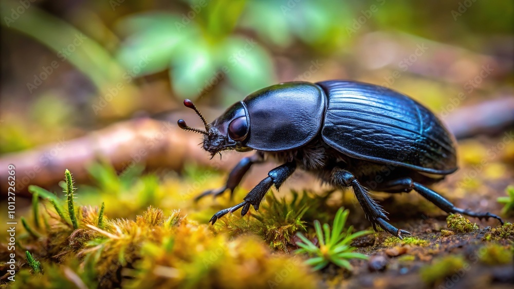 Forest dung beetle Anoplotrupes stercorosus crawling in the forest, selective focus Forest dung beetle Anoplotrupes stercorosus crawling in the forest, selective focus