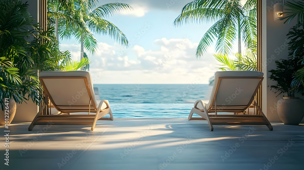 Two Lounge Chairs Facing the Ocean View 3D Illustration Two Lounge Chairs Facing the Ocean View 3D Illustration
