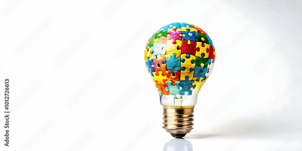 Fototapeta premium Innovative Flat Floating Light Bulb Concept with Puzzle Pieces Symbolizing Community Collaboration and ESG Solutions - Simple Vector Illustration