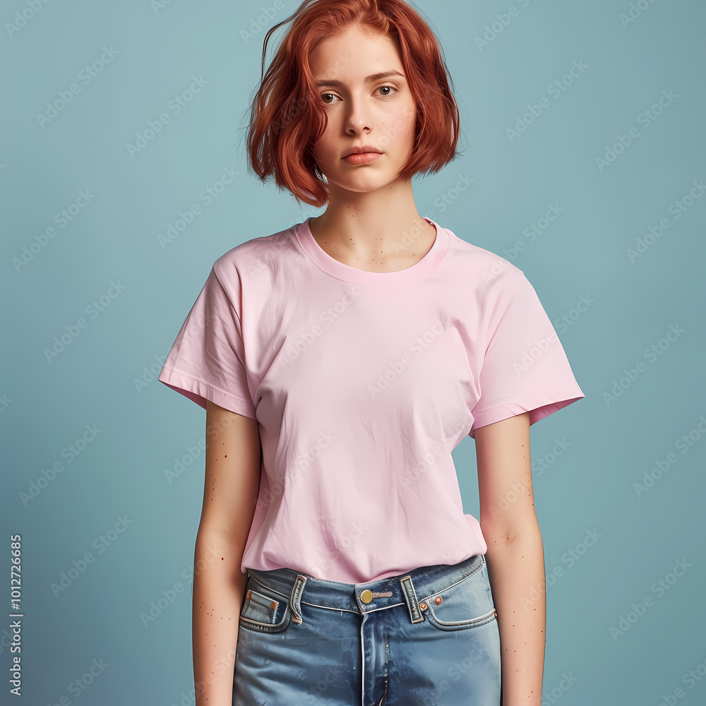 A young Caucasian woman with short, wavy red hair stands confidently, wearing a pastel pink t-shirt and blue jeans against a soft blue background. A young Caucasian woman with short, wavy red hair stands confidently, wearing a pastel pink t-shirt and blue jeans against a soft blue background.