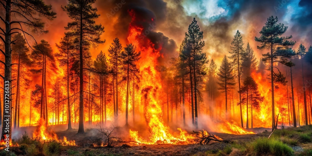 Forest fire blazing in the woods, panoramic view Forest fire blazing in the woods, panoramic view