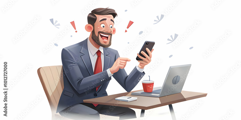 Candid businessman surprised by smartphone discount notification while sitting in caf? � spontaneous delight captured in stock photo concept Candid businessman surprised by smartphone discount notification while sitting in caf? � spontaneous delight captured in stock photo concept