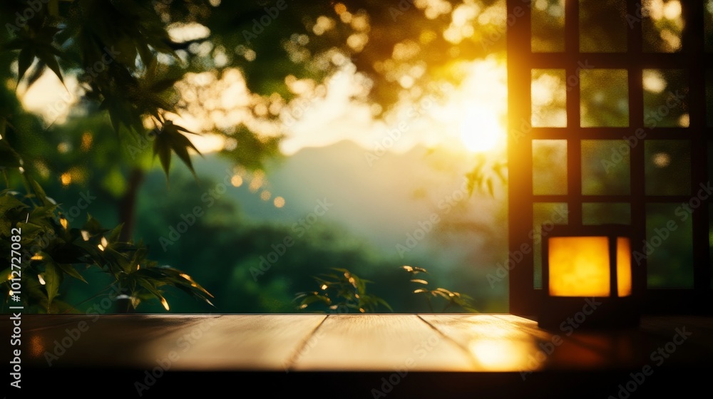 A serene view of a sunset through a window, with a wooden table in the foreground and a lantern casting a warm glow. The image symbolizes tranquility, peace, nature, relaxation, and warmth. A serene view of a sunset through a window, with a wooden table in the foreground and a lantern casting a warm glow. The image symbolizes tranquility, peace, nature, relaxation, and warmth.