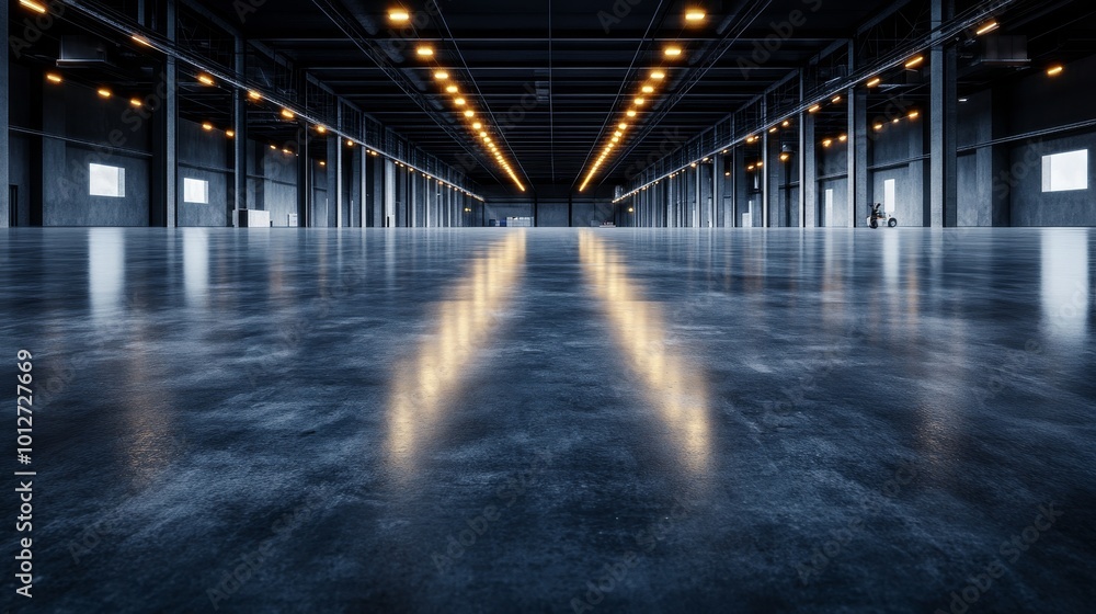 A spacious industrial warehouse with a polished concrete floor, illuminated by overhead lights. The clean lines and reflective surface create a sense of openness and possibility. A spacious industrial warehouse with a polished concrete floor, illuminated by overhead lights. The clean lines and reflective surface create a sense of openness and possibility.