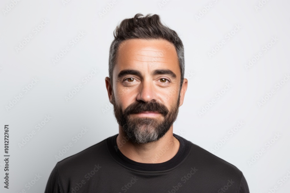 Portrait of a handsome bearded man looking at the camera while standing against grey background Portrait of a handsome bearded man looking at the camera while standing against grey background